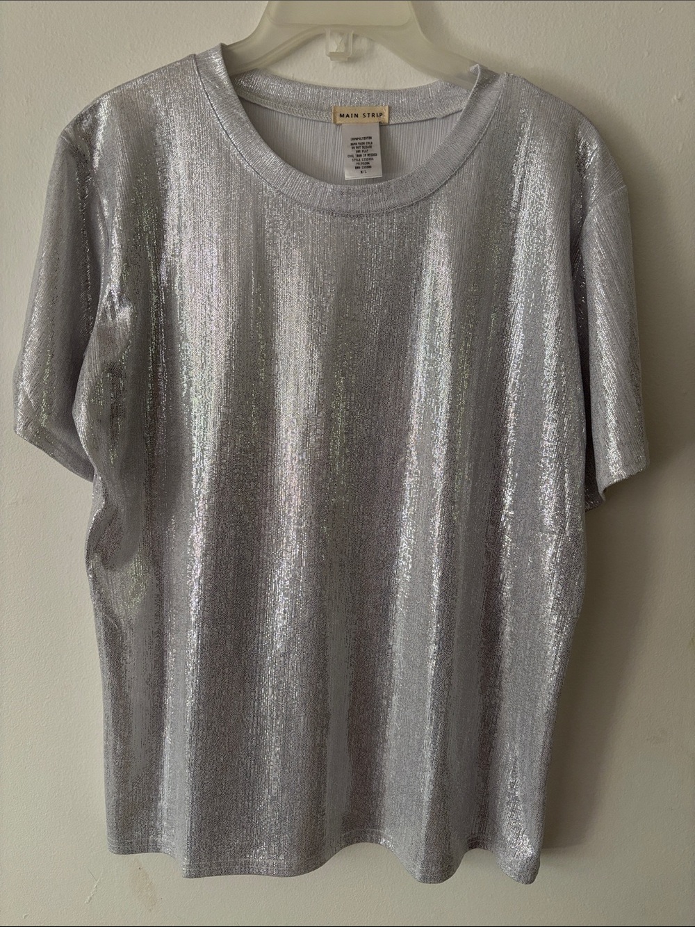 Main Strip Silver Metallic Short Sleeve Party Going Out Top  medium large